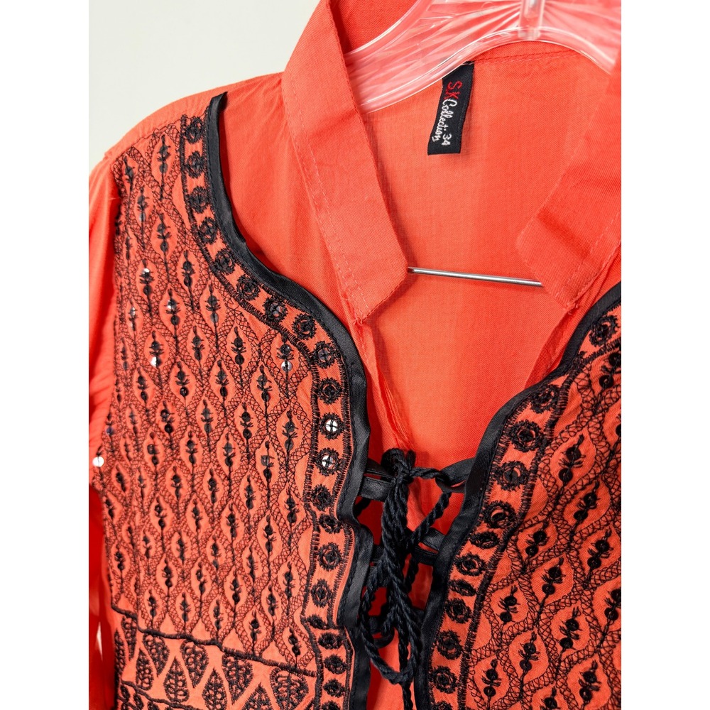 SK Collection Coral Orange Embroidered Sequin Tunic Dress Boho Lace Up Indian 34 - Picture 3 of 5